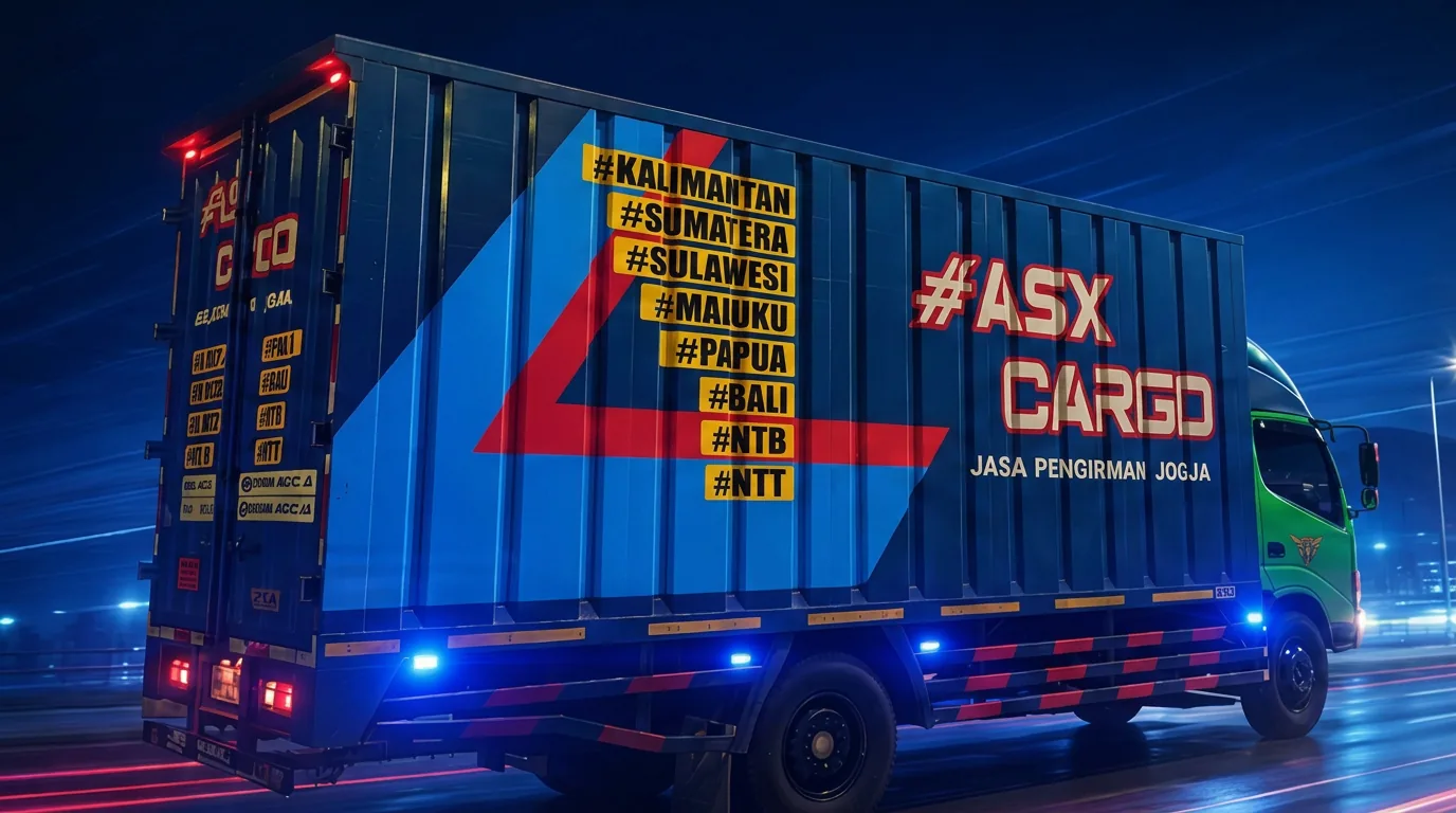 Truk kontainer biru ASX Cargo dengan rute #SULAWESI #MALUKU #PAPUA #BALI #NTB #NTT dan tulisan Jasa Pengiriman Jogja